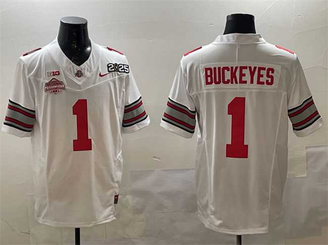 Men%27s Ohio State Buckeyes #1 Buckeyes White 2025 CFP Final With National Champions Patch F.U.S.E. Vapor Limited Stitched Jersey